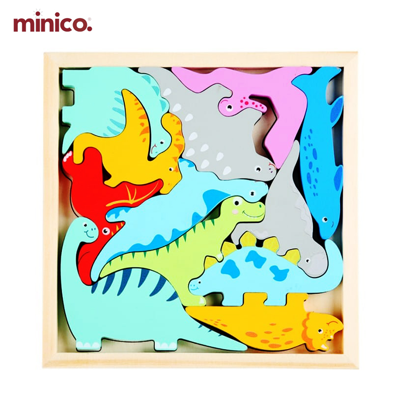 Minico Wooden Dinosaur Puzzle for Kids - 3D Jigsaw Block Puzzle - Educational Montessori Toy for Toddlers - Brain Teaser Shape Sorting Game