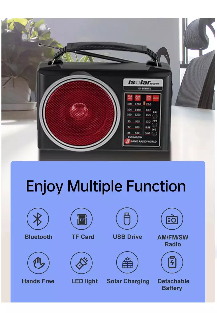 Isolar IS-809BTS Solar Bluetooth Speaker FM/AM/SW1-6 8Band Radio with BT/USB/TF Card Music Player with LED Light