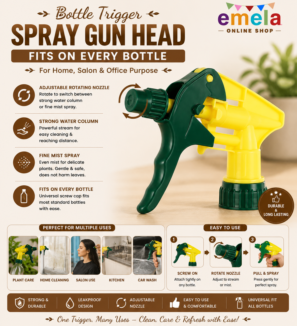 Bottle Trigger Spray Gun Head For Home, Salon & Office Purpose | Fits on Every Bottle- Random Colour