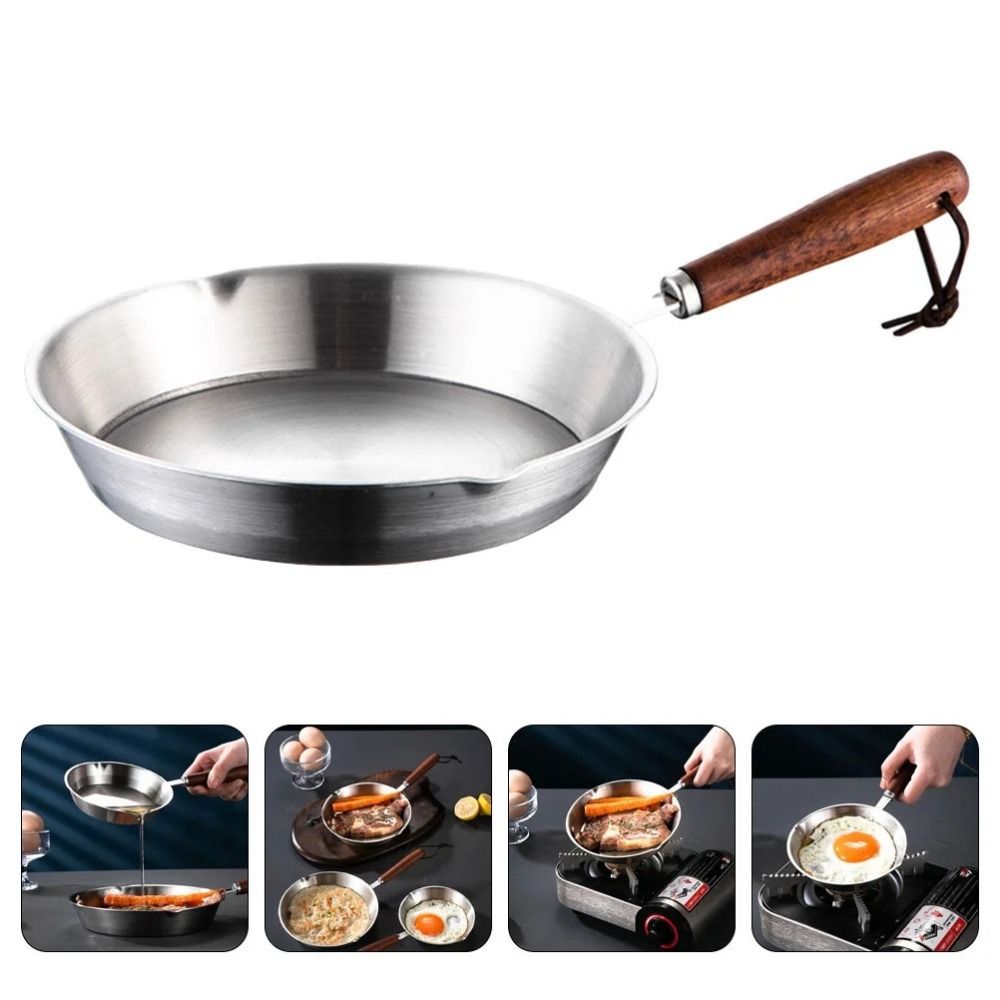 Flat Bottom 304 Stainless Steel Frying Pan Wooden Handle Oven Safe Cooking Pan Small Nonstick Omelette Pan Chef