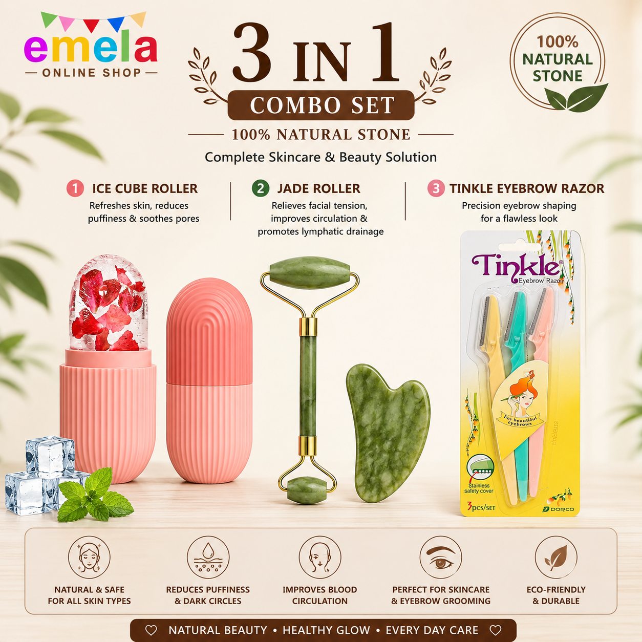 3 in 1 Combo Set 100% Natural Stone Jade Roller ,Ice Cube Roller, Tinkle Eyebrow Razor