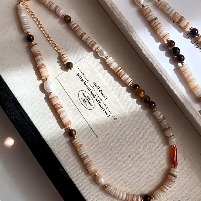 【Mega Sale】Maillard Style Freshwater Pearl Colorful Shell Tiger's Eye Beaded Necklace Niche 2024 New Necklace