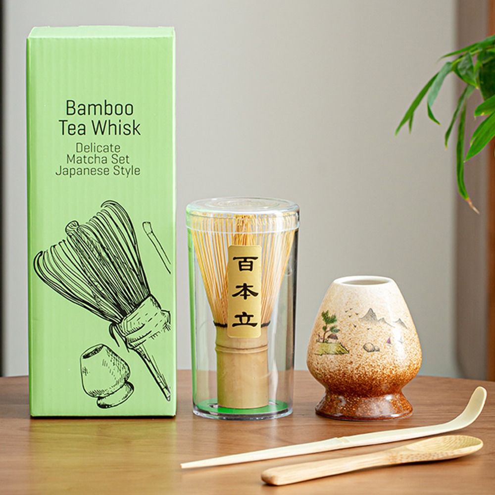 4PCS New Bamboo Ceramic Japanese Matcha Tea Set Reusable Food Grade Japanese Chasen Safe Green Tea Whisk Stirring