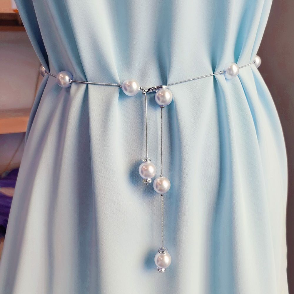 Creative Dress Waist Chain Women's Elegant Pearl Belt Skirt Pearl Waist Chain Adjustable Simple Metal Thin Chain Belt Pearl Ladies Decorative Jewelry