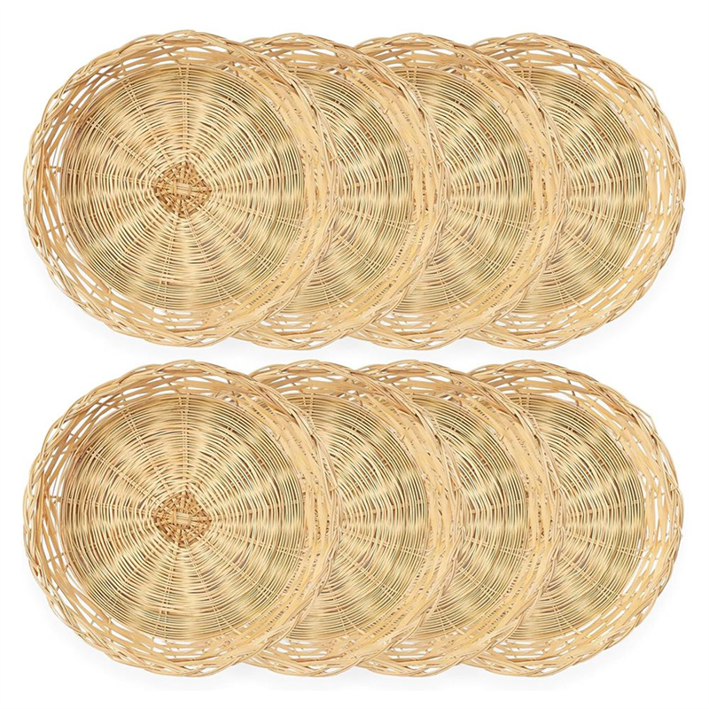 ARELENE 8 Pack Bamboo Paper Plate Holders, 10 Inches Reusable for Dinner Plates Hand Woven Wicker Paper Plate Baskets