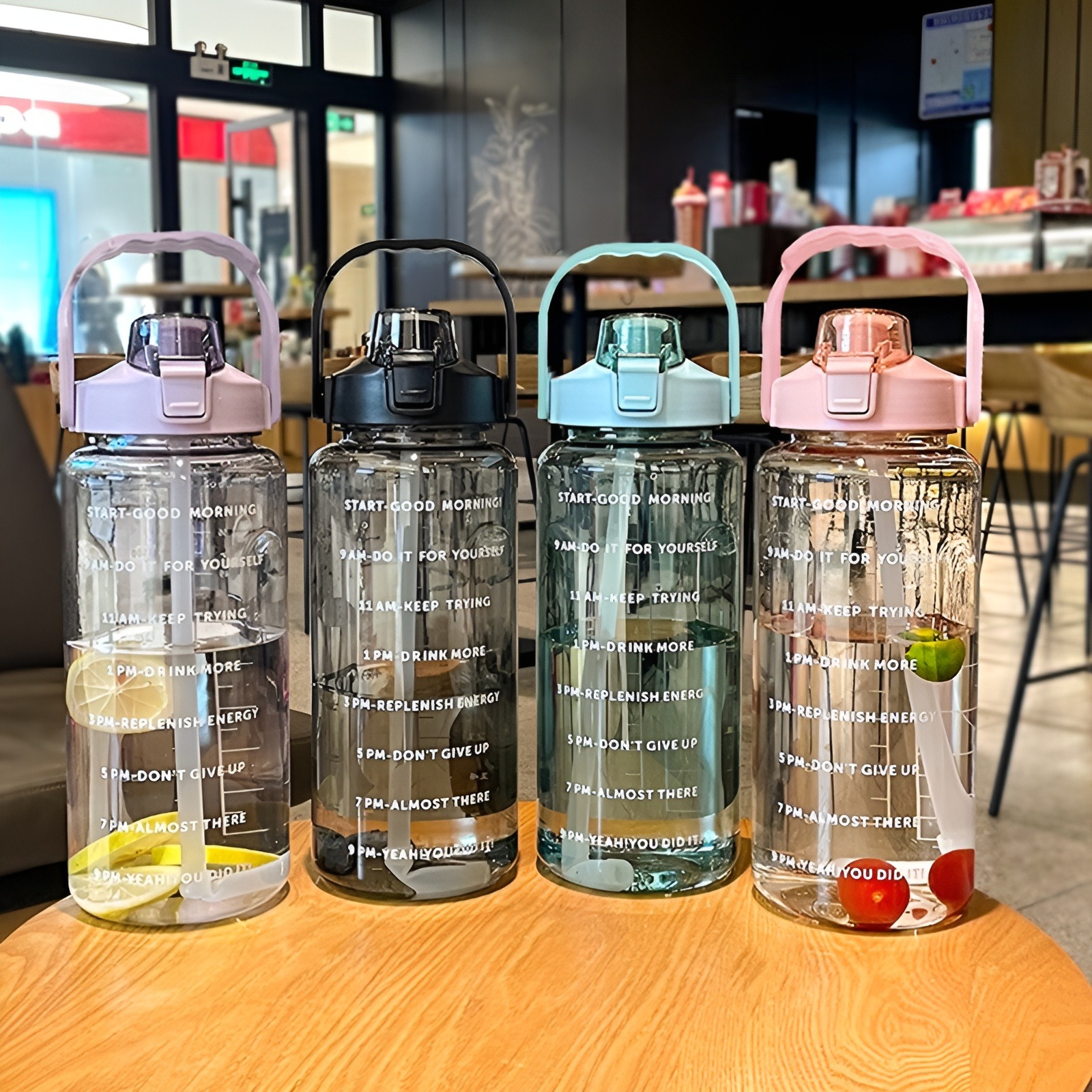 2000ML Water Bottle with Straw Large Portable Travel Bottles Sports Fitness Cup Summer Cold Water with Time Scale