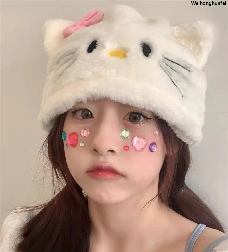 WeihonghunfeiSales promotion （NEW）Kawaii Hello Kitty Hat for Girls Ins Style Y2K Hello Kitty Hats Women Sweet Fashion Winter Plush Warm Hat Cosplay Harajuku Hats