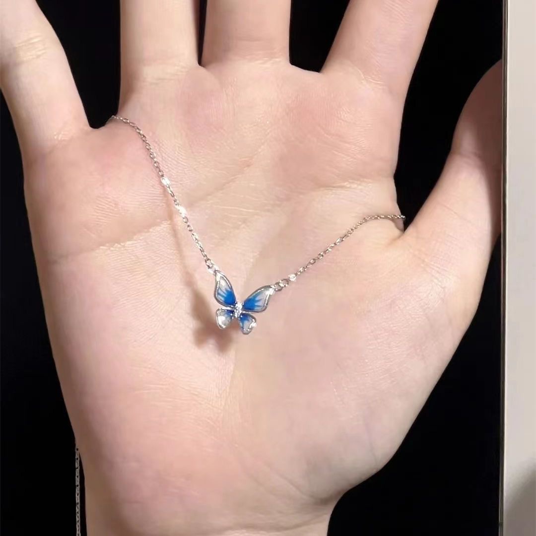 【Special offer】Little Red Book with Smart Gradient Butterfly Necklace Enamel Gradient Blue Butterfly Necklace Simple Clavicle Chain for Women