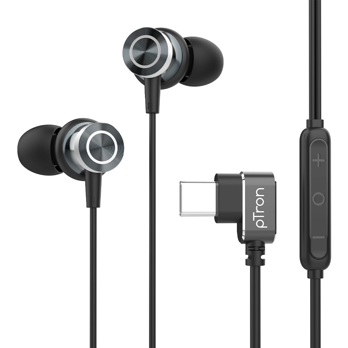 pTron Boom Play X3 In-Ear Type C Wired Headphones with Mic, 10mm Drivers for Pristine Sound, In-line Controls, 90 Degree USB-C Connector, 1.2m Tangle-Free Cable, Metal Buds & Wide Compatibility