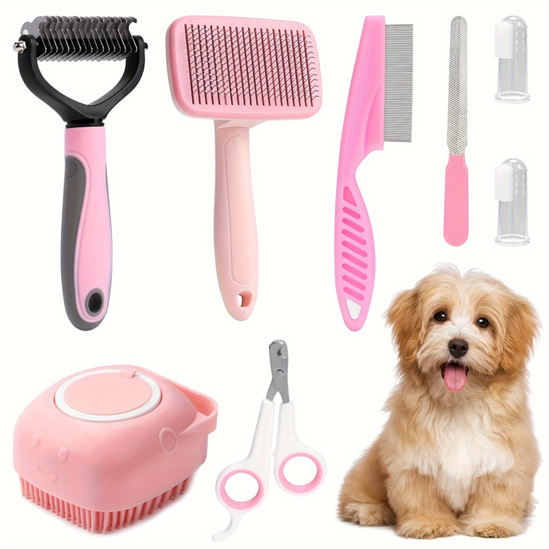 NCANRUI 8pcs Dog Brush Grooming Set, Pet Self-Cleaning Set, with Pet Nail Clippers and Files, Comb, Pet Shampoo Bath Brush