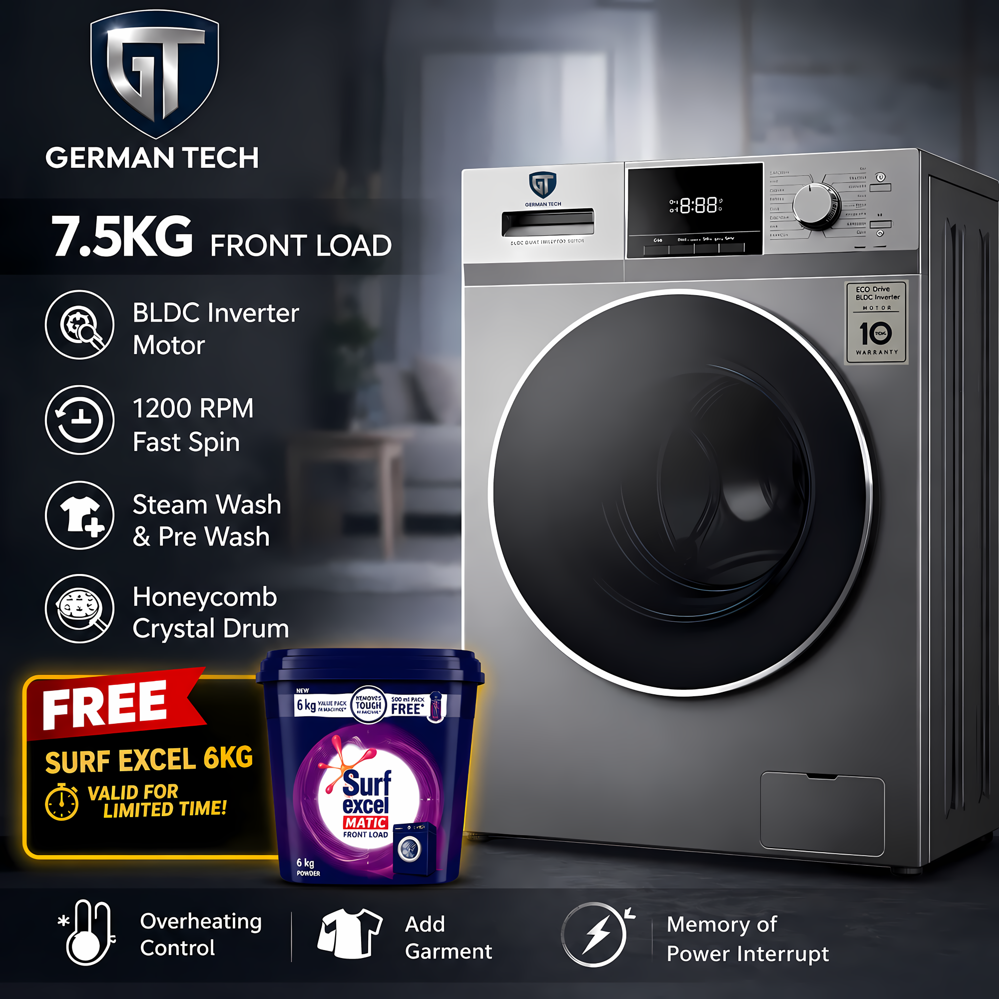 German Tech 8KG Washing Machine Fully Automatic | (DD) Direct Drive Inverter Motor | | Front load Washing Machine | 10 Year Warranty | German Technology | High energy saving Inverter Motor | Quick Wash-low electricity and water use| 16 Programs | Nova Hub