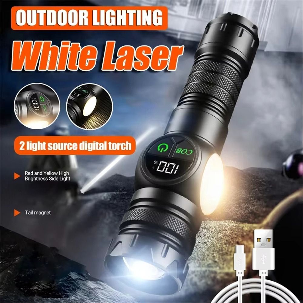 Portable White Laser LED Flashlight With Display Zoom function Long Range Lamp Tail Magnet COB Side Light Camping Lantern Camping