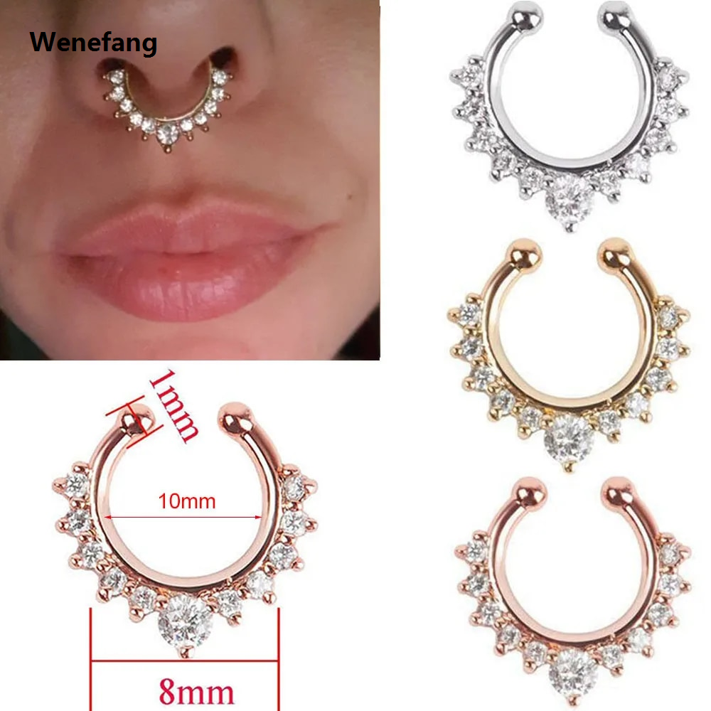 Wenefang 1Pc 10mm Zircon Septum Piercing Nose Ring Hoop nose For Girl Men Faux Body Clip Rings non Body Jewelry Non-Pierced