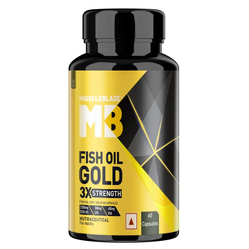 MuscleBlaze Fish Oil Gold 1300mg 60 Capsules with 3x Triple Strength Omega 3 Formula 500mg EPA & 400mg DHA