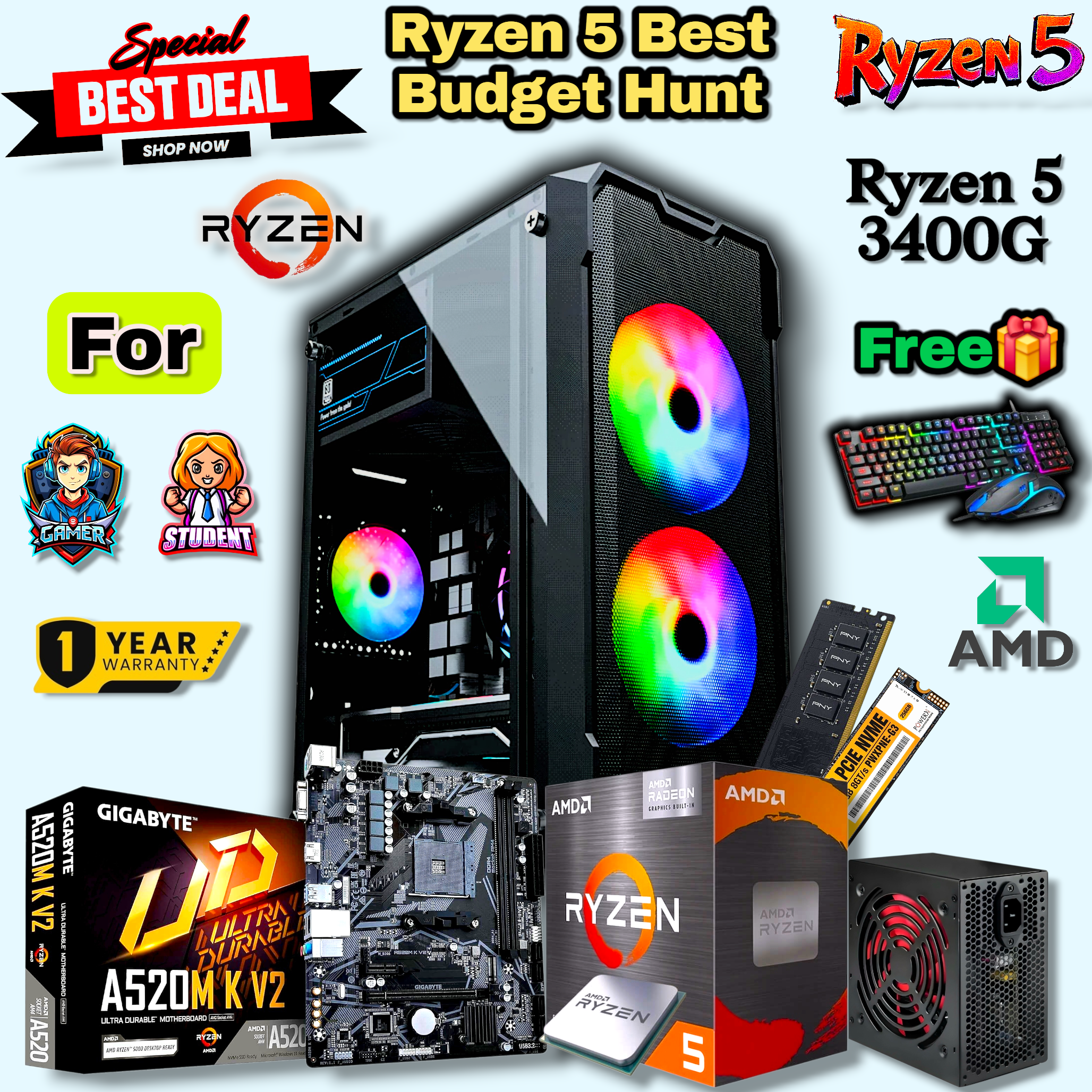 Ryzen 5 Budget Hunt Gaming Editing PC Setup With A520/B550M Board, 8 & 16GB DDR4 RAM/ 512GB & 256GB Nvme Gaming CPU