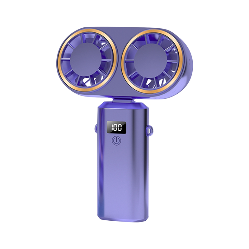 USB Rechargeable Dual- Fan 2400mAh Handheld Fan Hanging Neck Fan Folding Desktop with Digital Display Fan, Blue