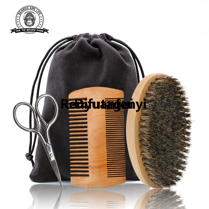 Difutagui 4pcs/set Hair Dough Beard Brush Comb Scissors Set for Men Soft Portable Portable Boar Bristle Brush Bamboo Wide Tooth Comb Soften Your Beard