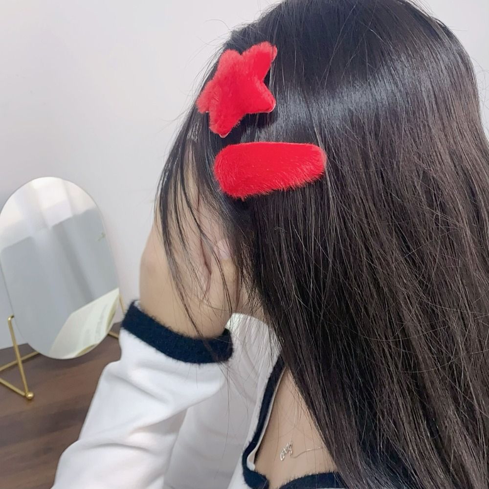 1pair Cute Waterdrop Plush Star Hair Clips Barrettes Red Color New Year Hairpins Hair Accessories Star Duckbill Clips Female/Kids