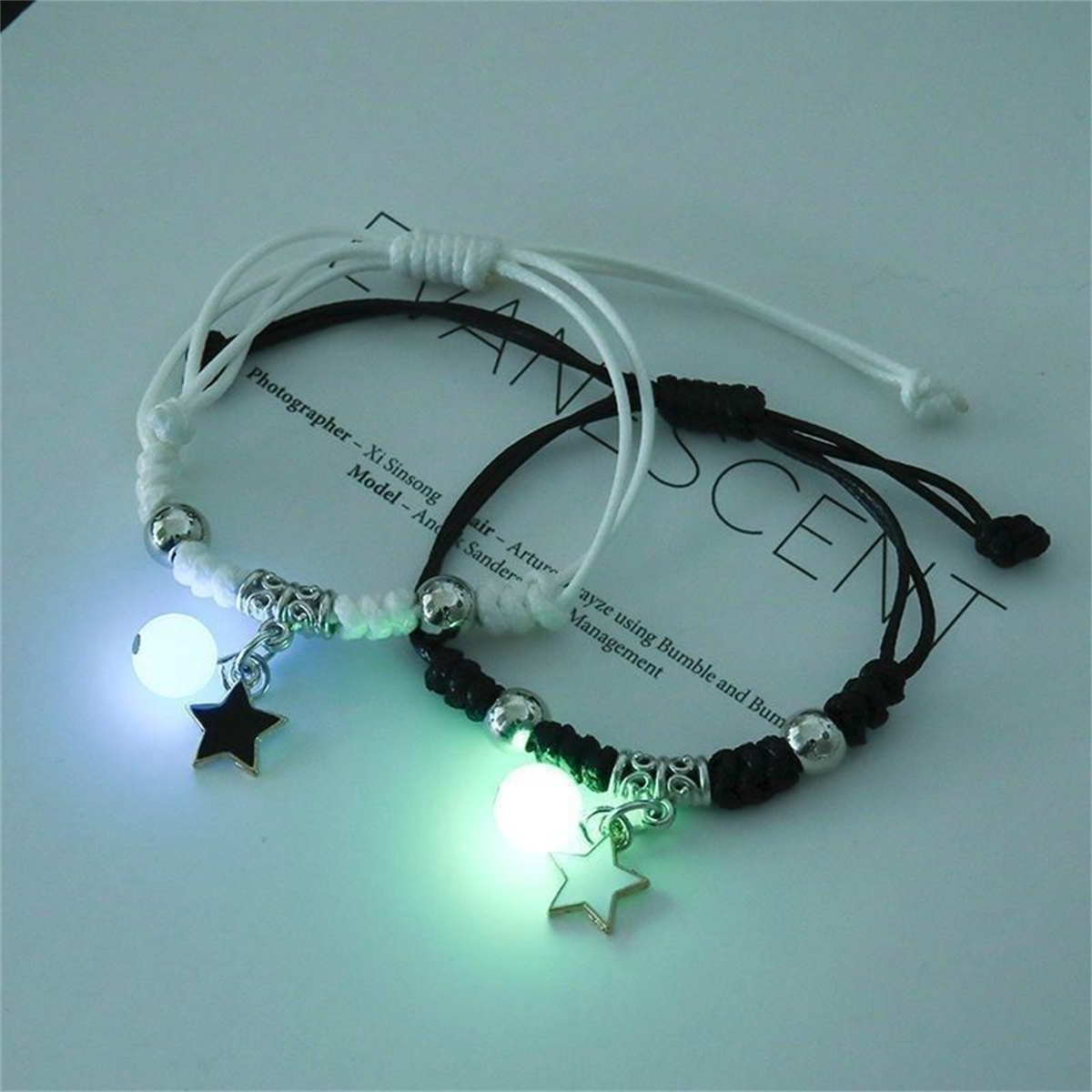 Luminous Beads Star Couple Bracelet, Charming Cat Flower Heart Key Lock, Cross Matching Friends Jewelry, 2pcs