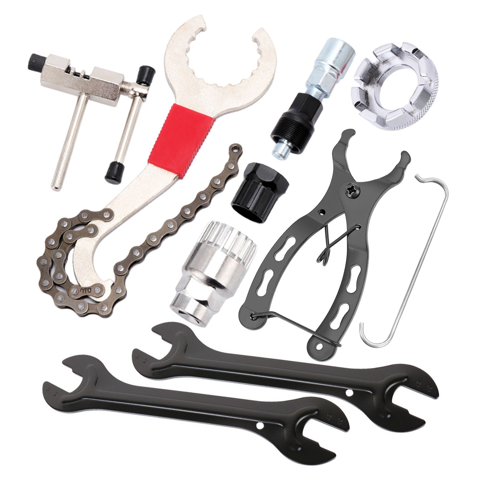 9pcs Bicycle Repair Tool Kit Cassette Remover Wrench Chain Breaker Crank Puller Extractor Spoke Wrench Bottom Bracket Freewheel Removal Tool Hub Wrench