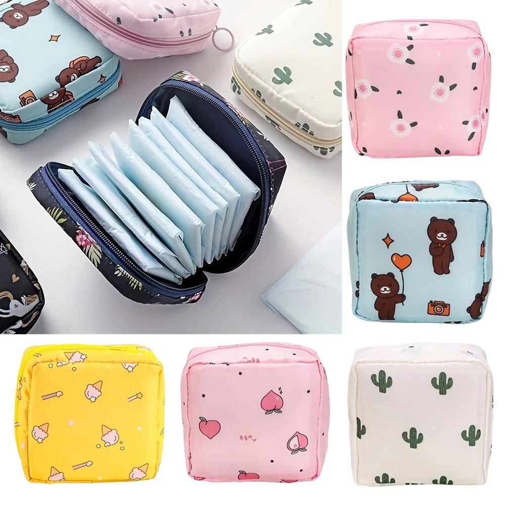 Cute Cartoon Pattern Sanitary Mat Bag Waterproof Oxford Sanitary Pad Storage Bag Large Capacity Change Purse Women Girls