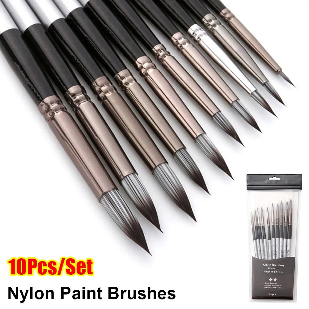 10Pcs/Set New Nylon Paint Brushes Watercolor Miniature Art Wooden Handle Artist Paintbrushes Professional Drawing Kit for Acrylic Oil Painting