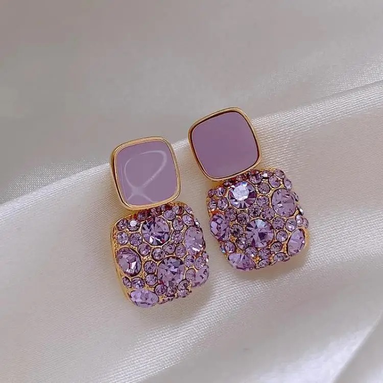 1 Pair Cute Double Square Lavender Purple Earrings With Purple Shiny Inlaid Diamonds - Cute & Elegant Earrings For Casual, Partywear, Professional & Outgoing - Dhiney Purple Lavender Earring For Women, Girls & Teens (Best Gift Ever0