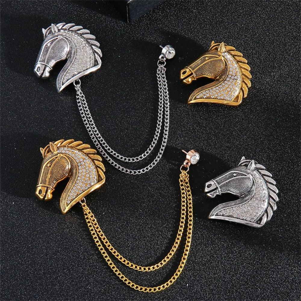 Creative Vintage Style Horse Head Brooch Zinc Alloy with Chain Animal Jewelry Horse Design Personalized Lapel Pin Casual Wear