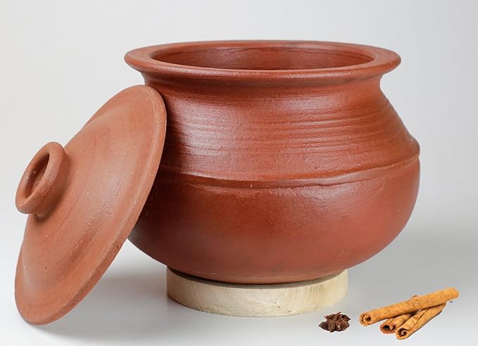 CLAY NEPAL Ceramics Handi / Earthen Kasaudi / Mud / Mitti Pot with Lid for Cooking and Serving 3 Litre Big Size Eco-Friendly | Reusable and Washable | With Wooden Spatula 2 Pieces