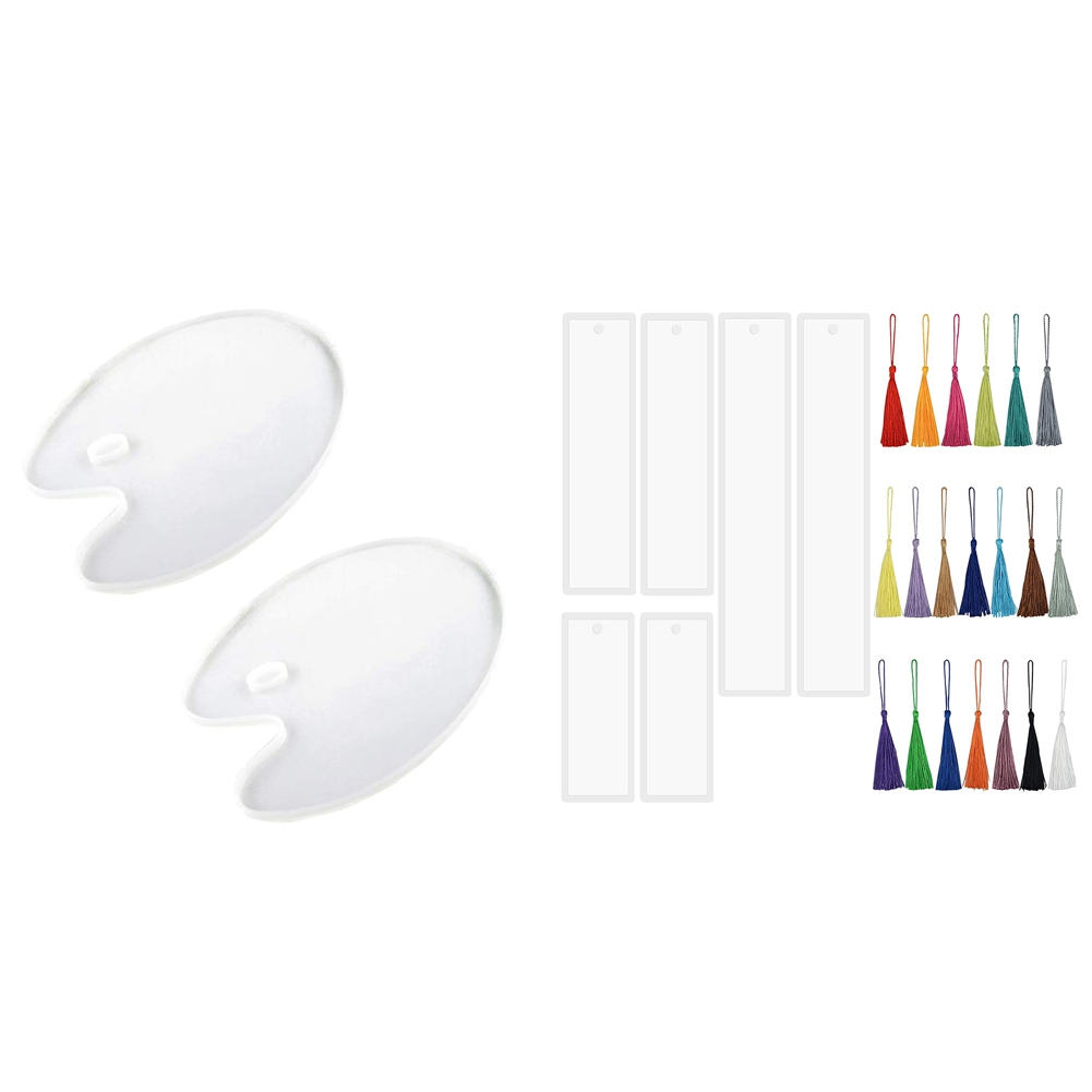 FORIDE 2 Pcs DIY Handmade Color Palette Resin Mold & 1 Set Bookmark Molds with Tassels Epoxy Resin Molds