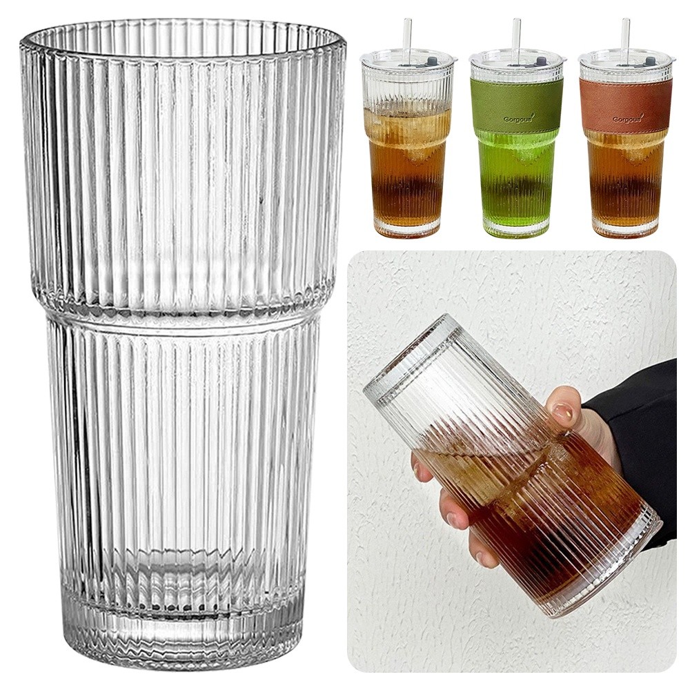 Portable 600ml Capacity Glass Tumbler With Lid and Straw Transparent Glasses Stripe Glass Cup Heat Resistant Reusable Coffee Mug for Juice Water and Iced Coffee Drinkware