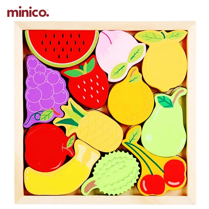 Minico. Wooden Fruits Block Puzzle for Kids - 3D Jigsaw Educational Montessori Toy - Colorful Fruit Shape Sorter & Tetris Style Learning Game for Toddlers, Boys & Girls