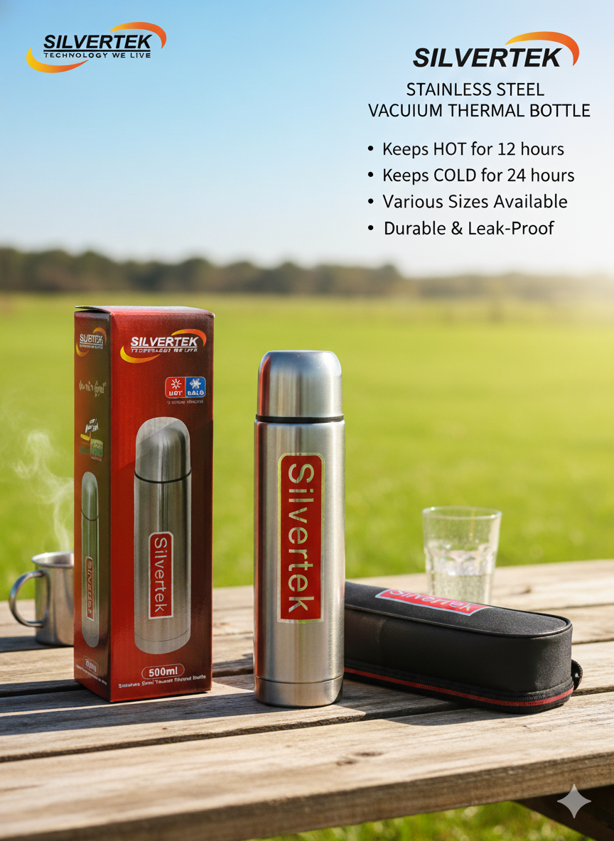 500ml Silvertek Slim Thermos Stainless Steel | Slim Bottle for Hot and Cold Water/Drinks/Coffee | Bottle with Flask & Cap | Long hours Hot & Cold | Silvertek Brand
