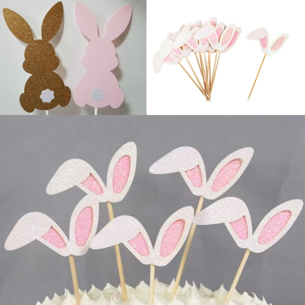 10pcs Cute Rabbit Easter Bunny Ears Plugin Cake Dessert Table Birthday Food Picks Easter Party Decorations