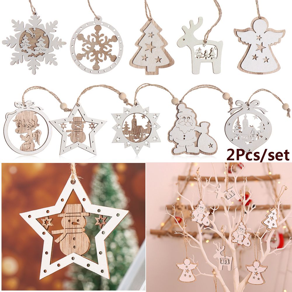 2pcs/pack New Gift DIY Craft Wood Hanging Christmas Tree Pendant Snowman Snowflake Elk Xmas Ornament
