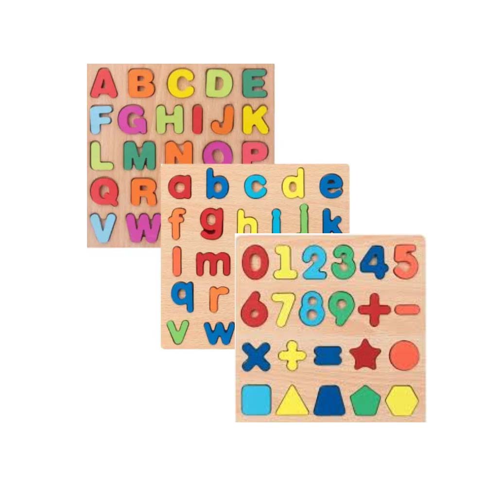 Combo 4 Sets Wooden Multicolor 3D Puzzle Capital, Small Alphabets, Numbers and Shapes Board Preschool Montessori Early Education Puzzle For Kids