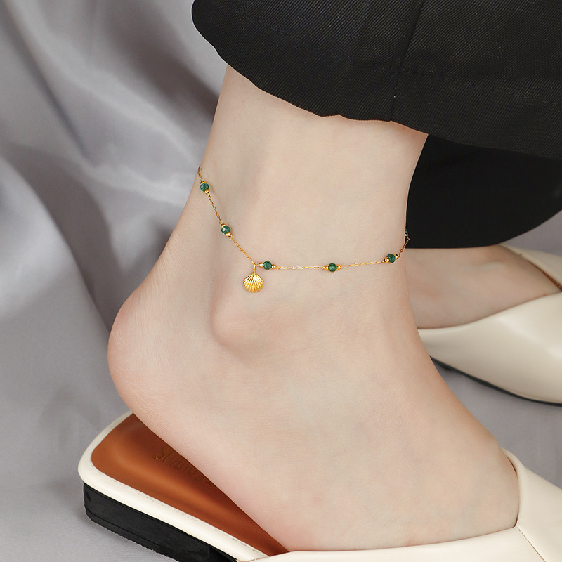 【Fashion-forward】New vintage stone shell anklet plated 18K gold steel new Chinese style light luxury gift anklet
