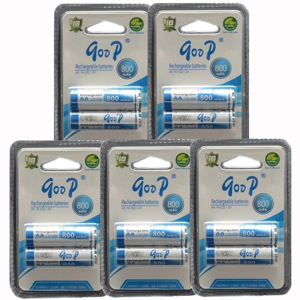 10 Pcs (5 Pairs) GOOP 800mAh AA Sized 1.2V Rechargeable Battery For Flashlight, Portable Radio, Digital Camera, Sporting Goods, Toys, Remote Controls
