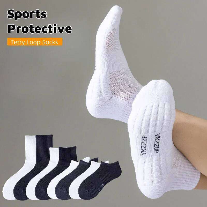 1/5 Pairs Mens Terry Sports Sweat-Wicking Anti Smell Ankle/Mid-Calf for Basketball Running Trendy Breathable Cotton Socks