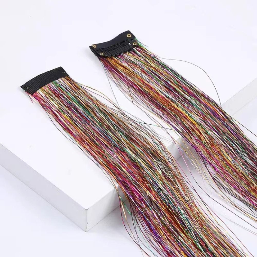 Dazzles High quality Fashion Highlights Synthetic Party Headdress Hair Accessories False Braiding Headdress Sparkle Shiny Hair Tinsel Long Straight Sparkly Ponytail Rainbow Silk Hair Extensions
