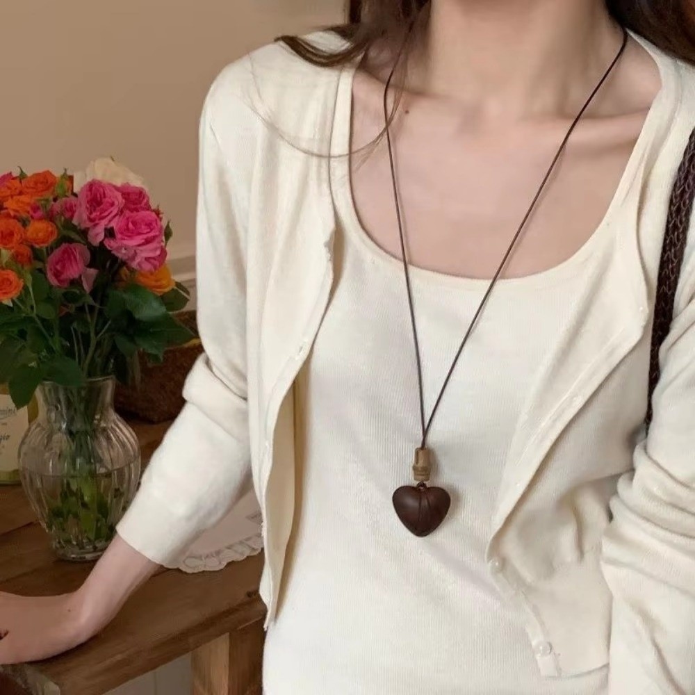 Retro Long Pendant Necklaces Chunky Wood Sweater Chain Bamboo Joint Love Heart Women Necklace