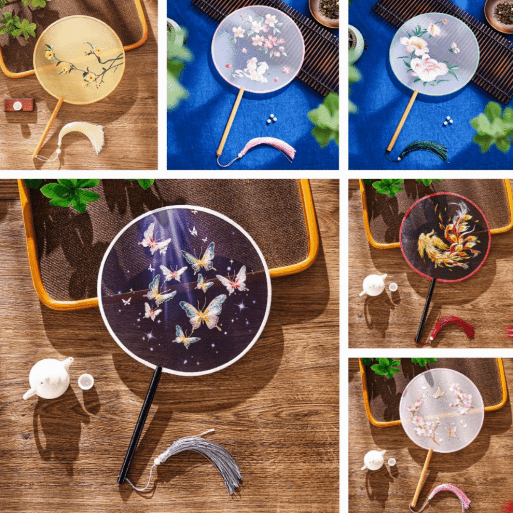 Ancient Style Double-sided Embroidery Hand Round Fan Floral Pattern Classical Silk Embroidery Fan with Tassel Chinese Style Photography Props Performance Props