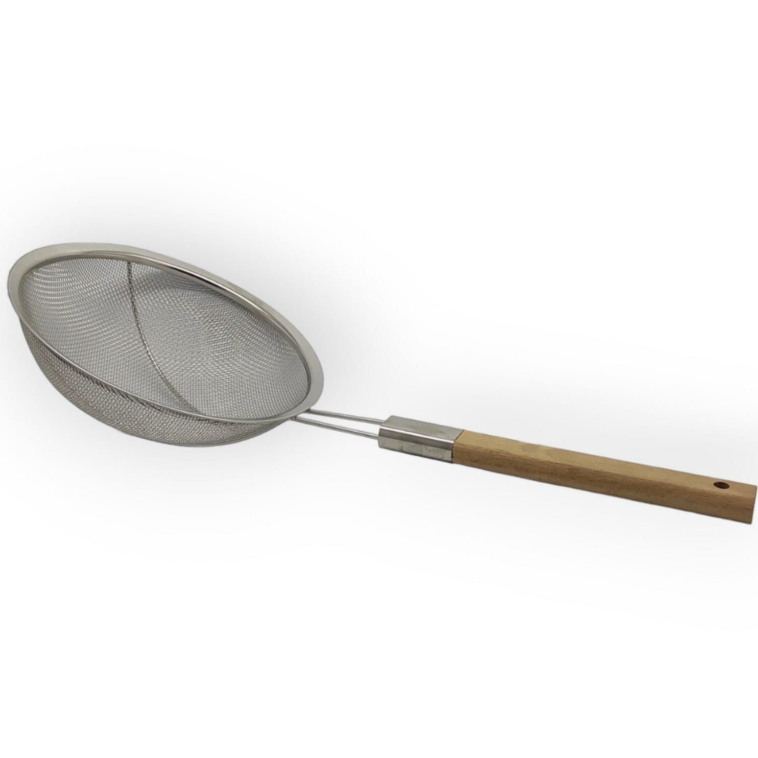 Heavy-Duty Stainless Steel Skimmer Strainer With Sturdy Wooden Handle - 22cm For Effortless Oil Straining