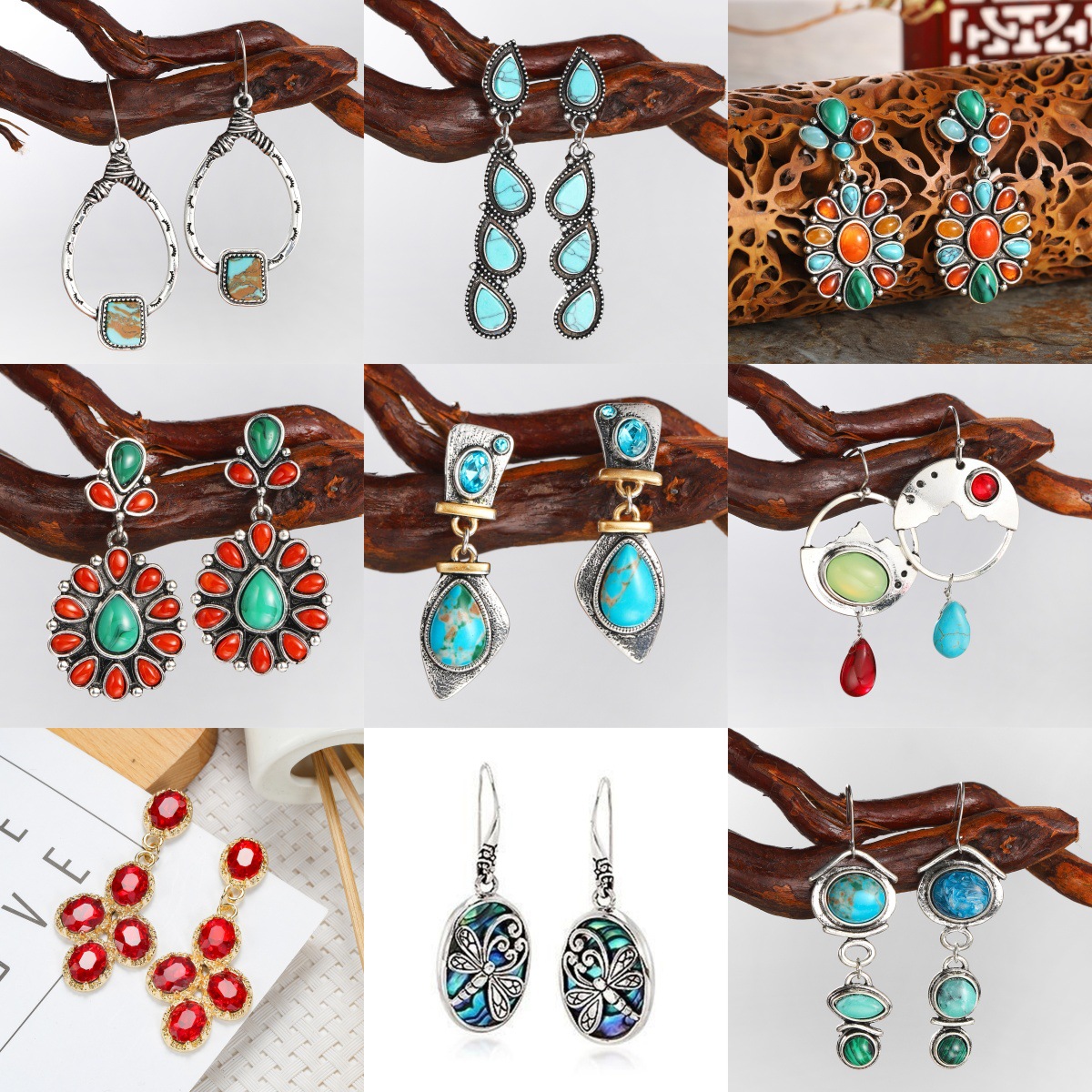 European and American luxury 925 ancient silver color turquoise earrings Creative women's jewelry inlaid with Hyland crystal color drop earrings