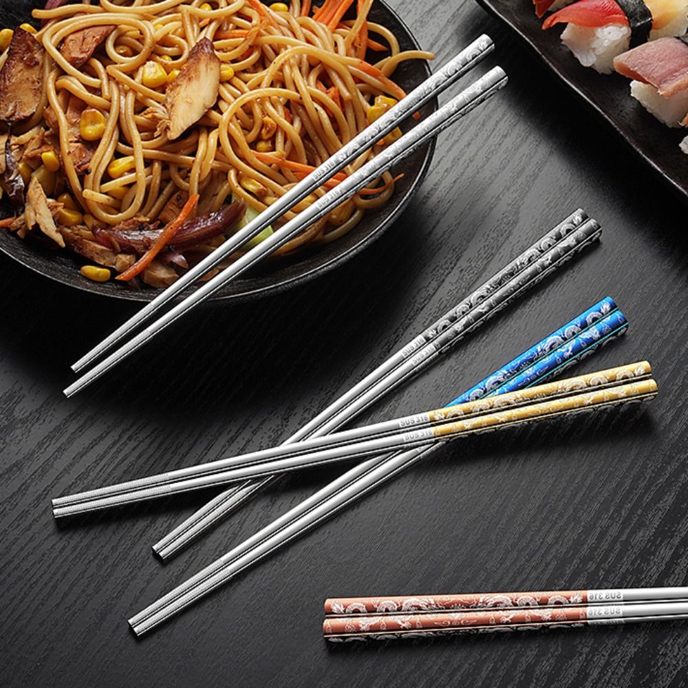 5 Pairs Durable Non-Slip Stainless Steel Dragon Patter Chopsticks Mold-resistant Rust-proof Chinese Chopsticks Dishwasher Safe Corrosion-resistant Sushi Chopsticks Restaurant