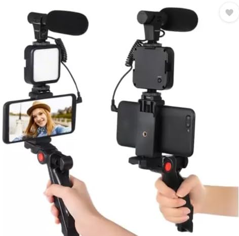 Vlogging Kit 6 in 1 for iPhone, Android (with Tripod), Mini LED + Cardioid Microphone + Phone Clip + Tripod for Live Broadcasting Video Calling Vlogging YouTube Instagram