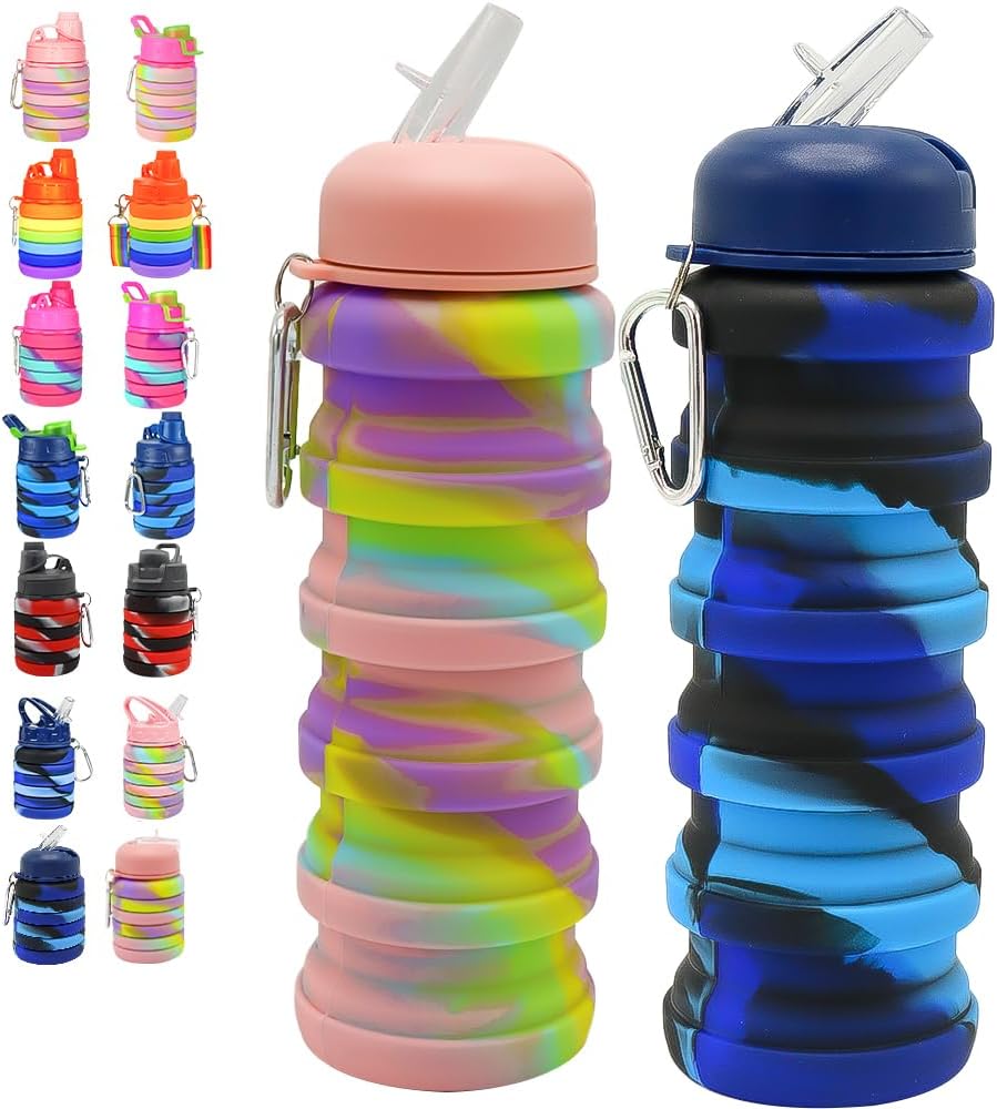 Silicone Collapsible Water Bottles, 16oz Portable Foldable Expandable Water Bottle Sports Cups with Straw