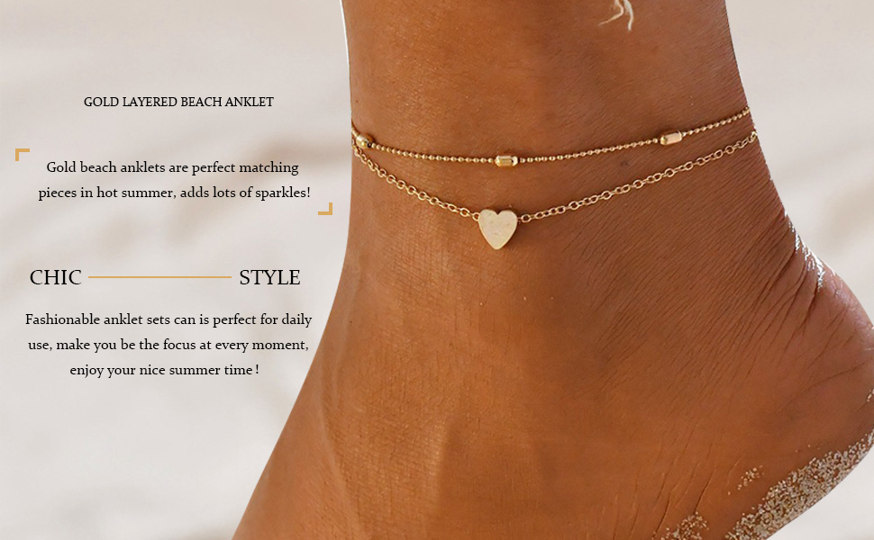 1 Pcs Rose Gold Double Layered Anklet Bracelet with Heart Anklet Chain Layered Foot Chain for Women and Teen Girls (Best Gift Ever)