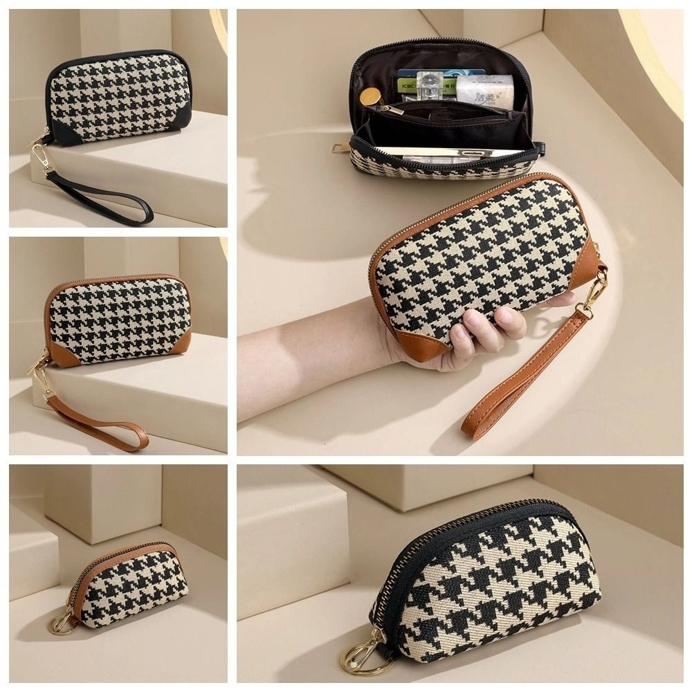 Portable Pu Long Style Wallet Canvas Printing Houndstooth Zipper Purse Car Key Bag Handbag Square Change Purse Travel