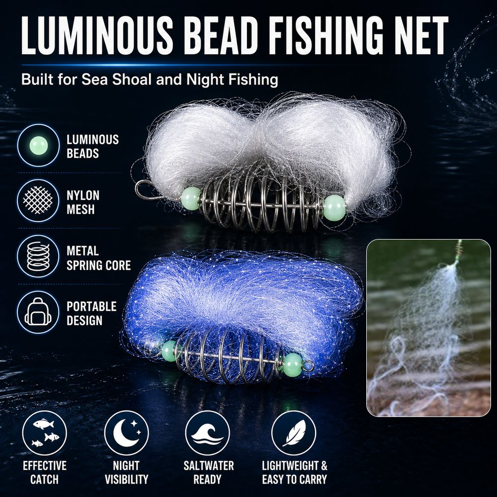 New Nylon Mesh Fishing Net Metal Components Luminous Beads Luminous Bead Net Portable Fishing Net Trap Night Fishing